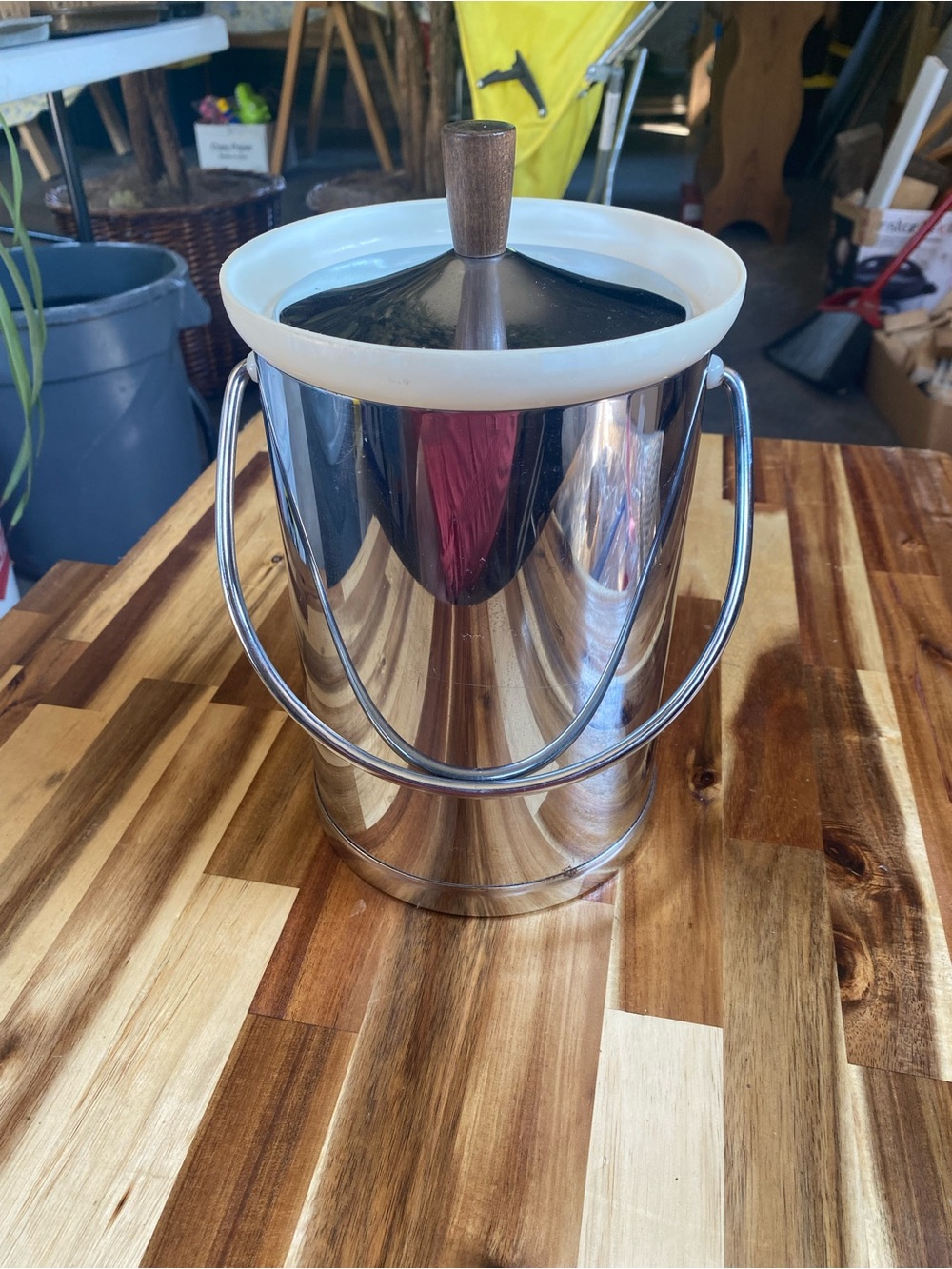 MCM Kromex Vintage/Retro Ice Bucket w/ Lid & Handle White Liner, Silver Metal